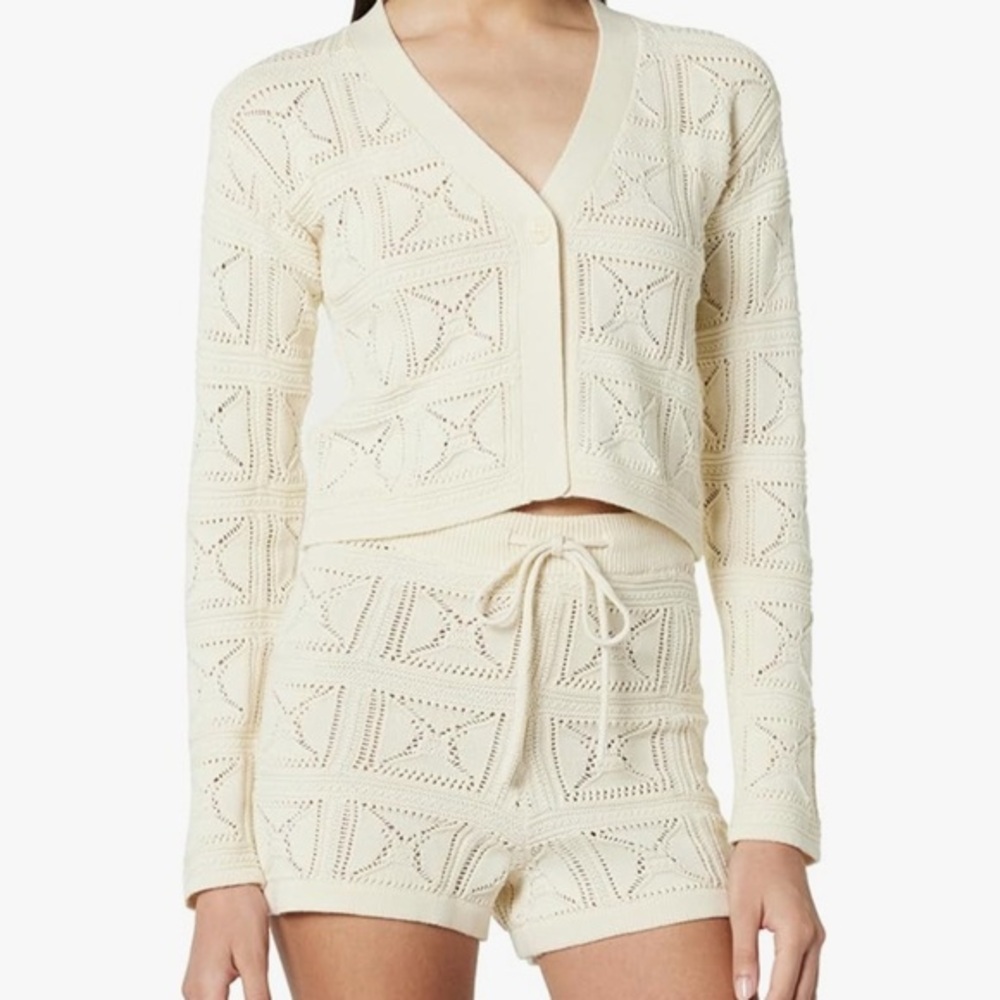 The Drop Lee birch cream colored long sleeve crochet cotton sweater  L